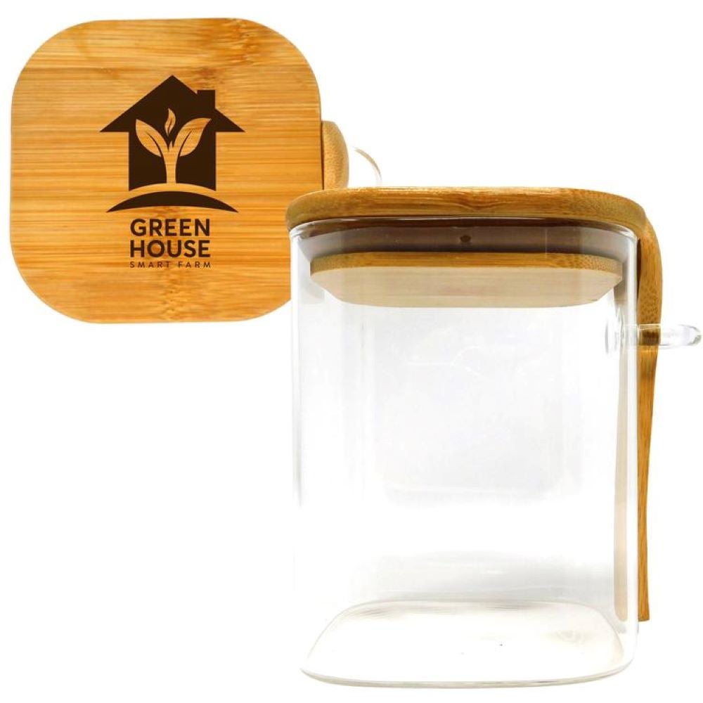 Bamboo Glass Jar Storage Container with Spoon 15 oz Eco Promotional